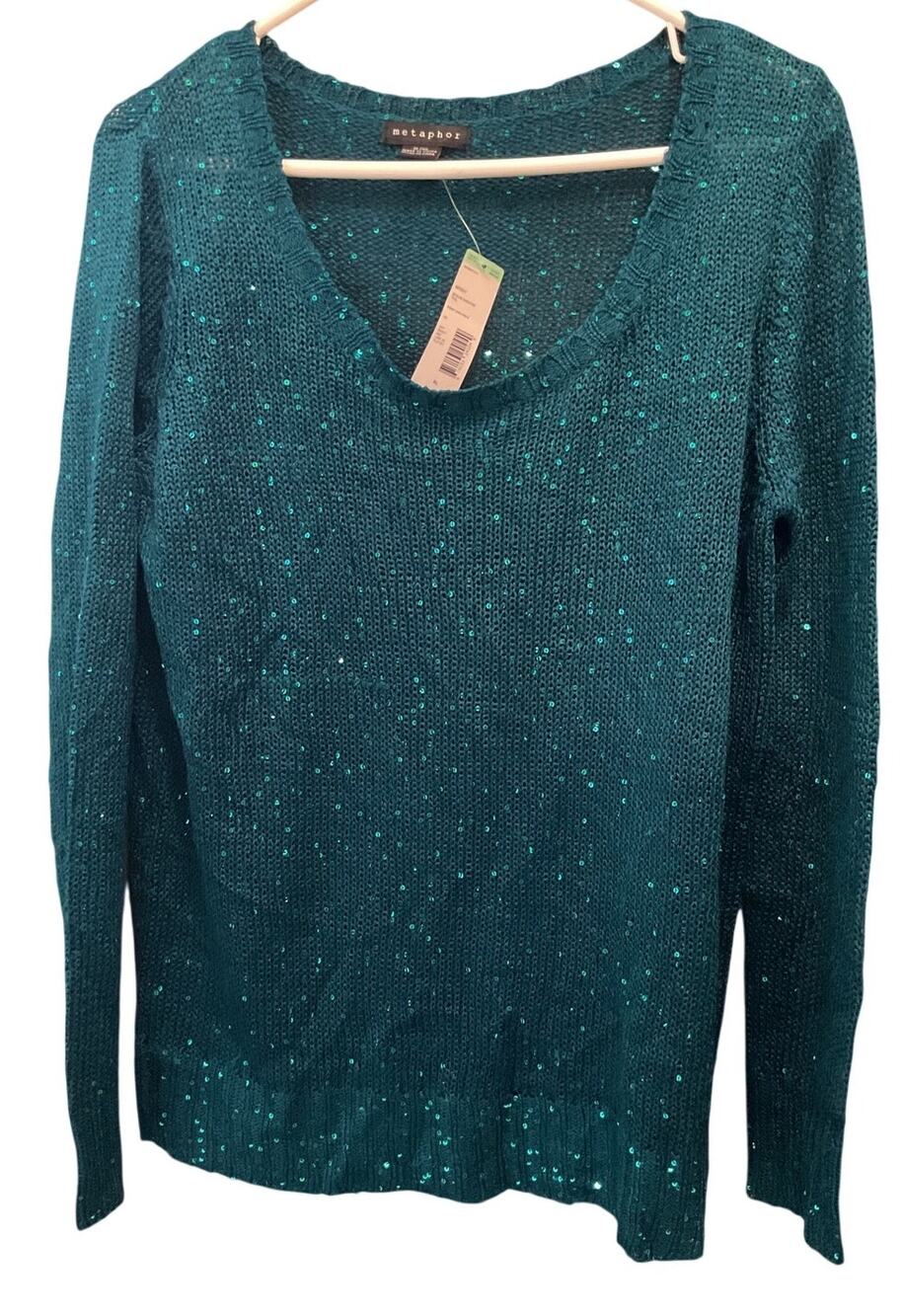 NWT Metaphor Green Open Knit Sequined Sweater XL